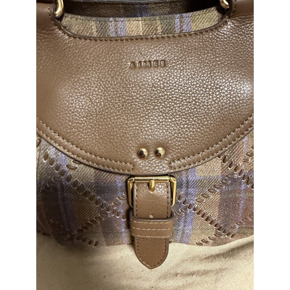 Aimee Satchel Bag Womens Medium Brown Leather Tweed Plaid Top Handle Crossbody - Picture 5 of 14